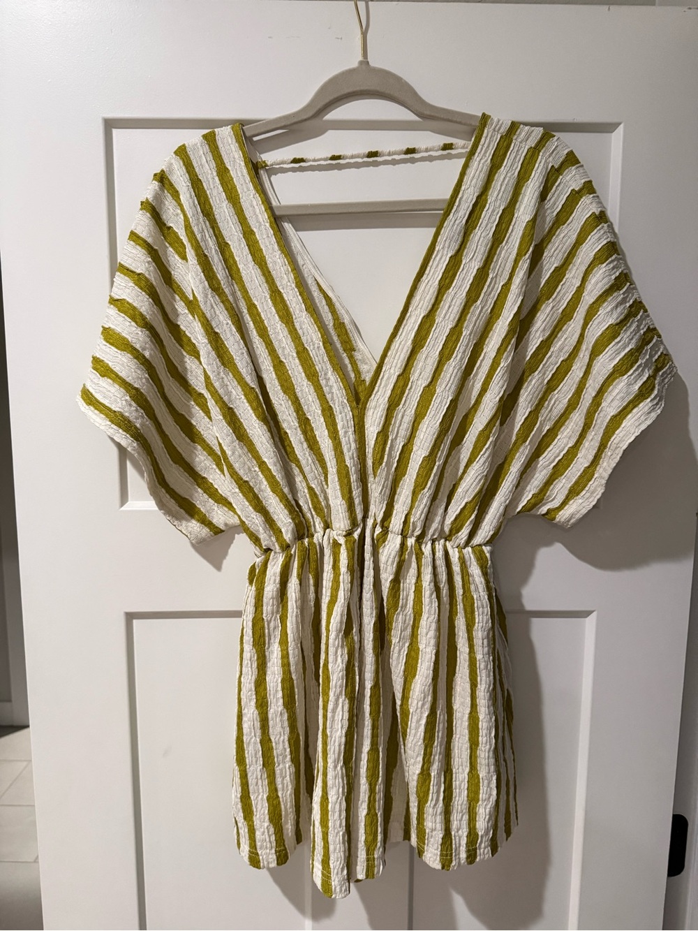 Vici White and Olive Striped V-Neck Romper